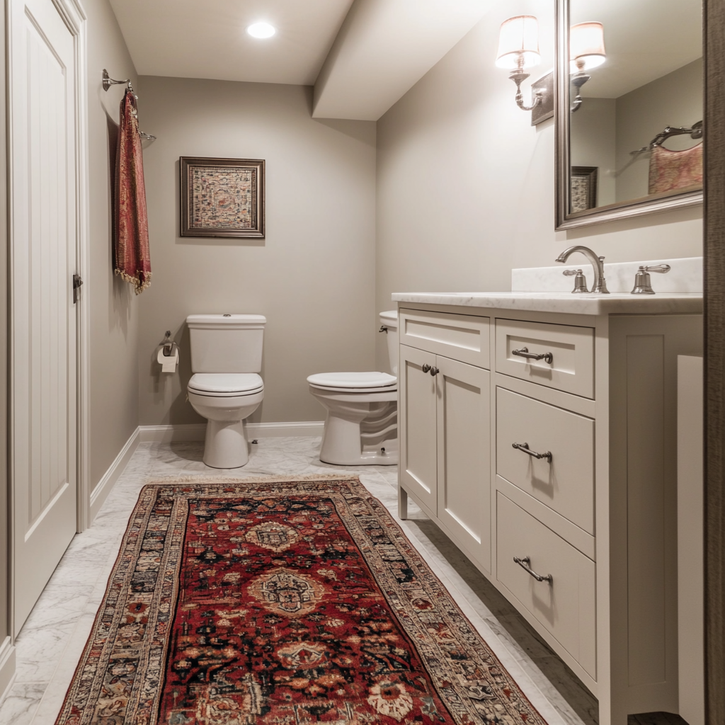 Traditional basement bathroom with muted colors and oriental rug.