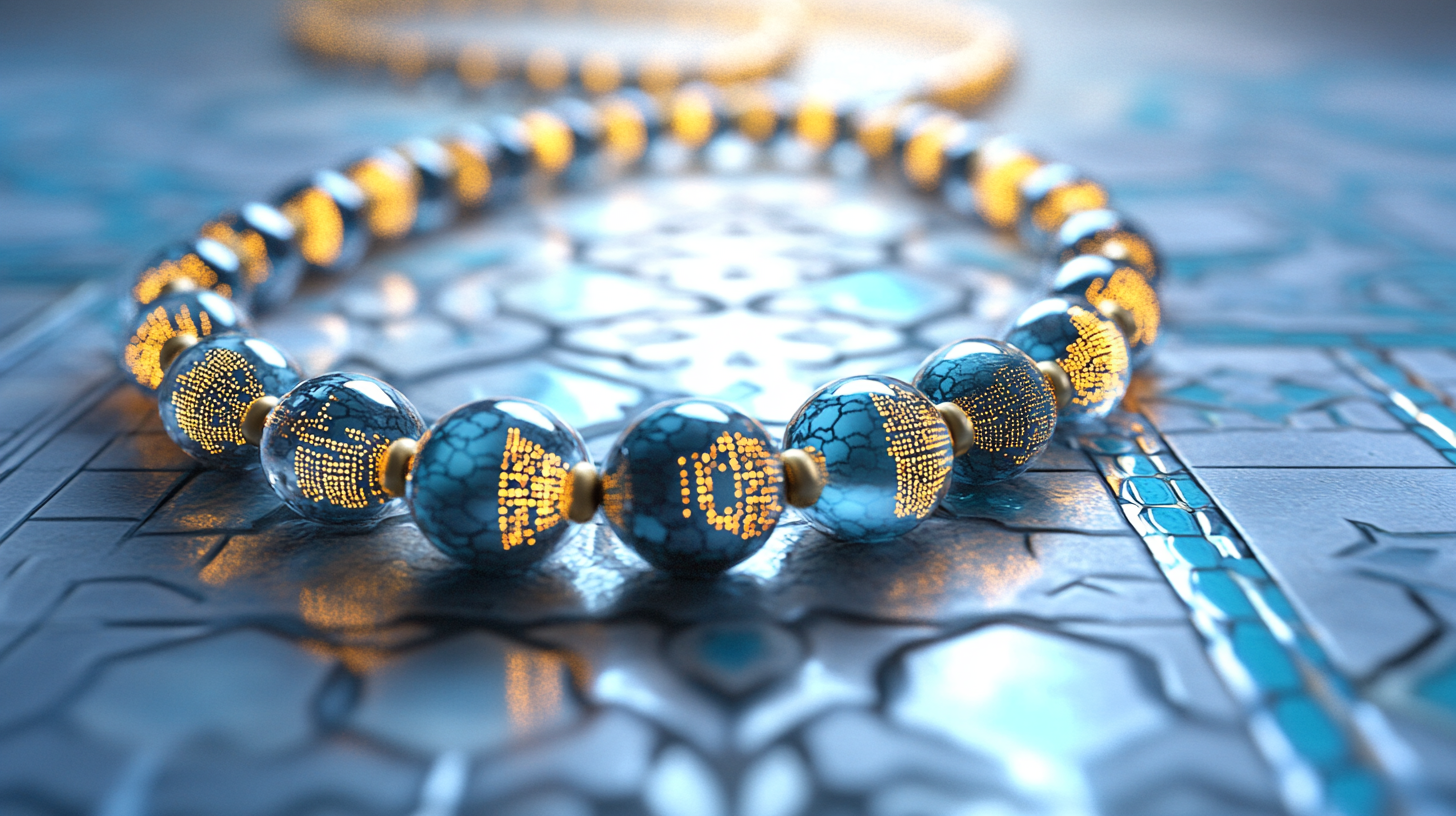 Traditional beads merge with glowing binary pattern