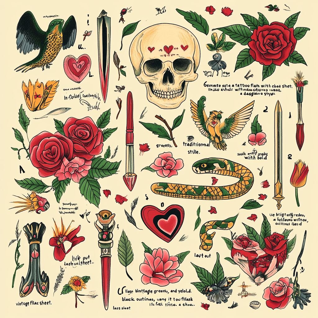 Traditional tattoo flash sheet with skull, dagger, heart.