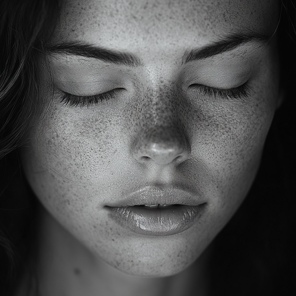 Tragic black and white portrait of woman.