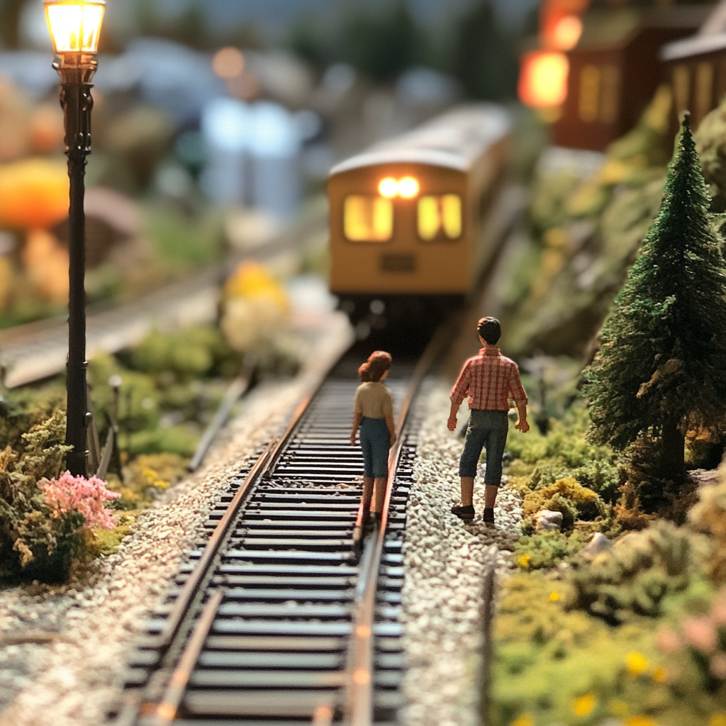 Train and People on Railroad Tracks