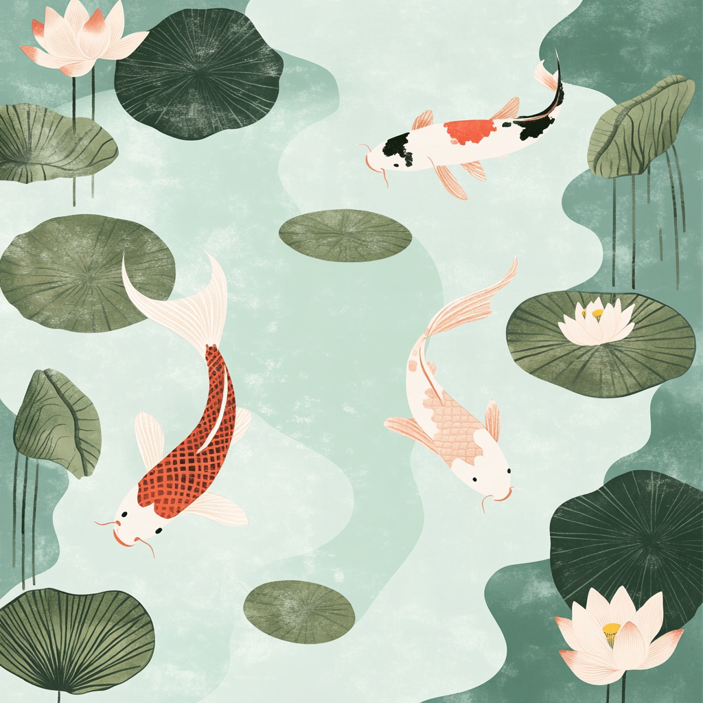 Tranquil Japanese garden with water lilies and koi