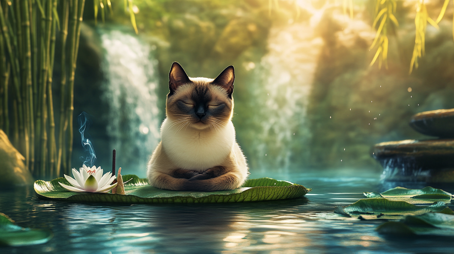 Tranquil Siamese cat meditates on lily pad.