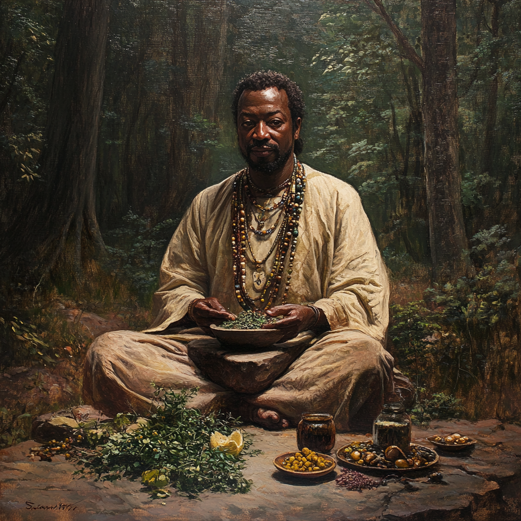 Tranquil image of Sundiata, African healer, surrounded by nature.