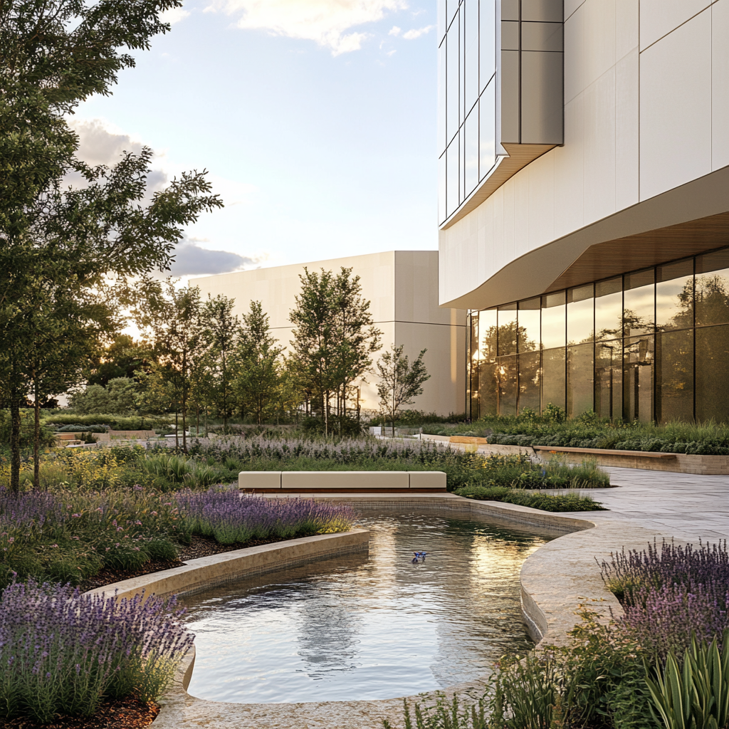 Tranquil university garden with aromatic plants and reflecting pool