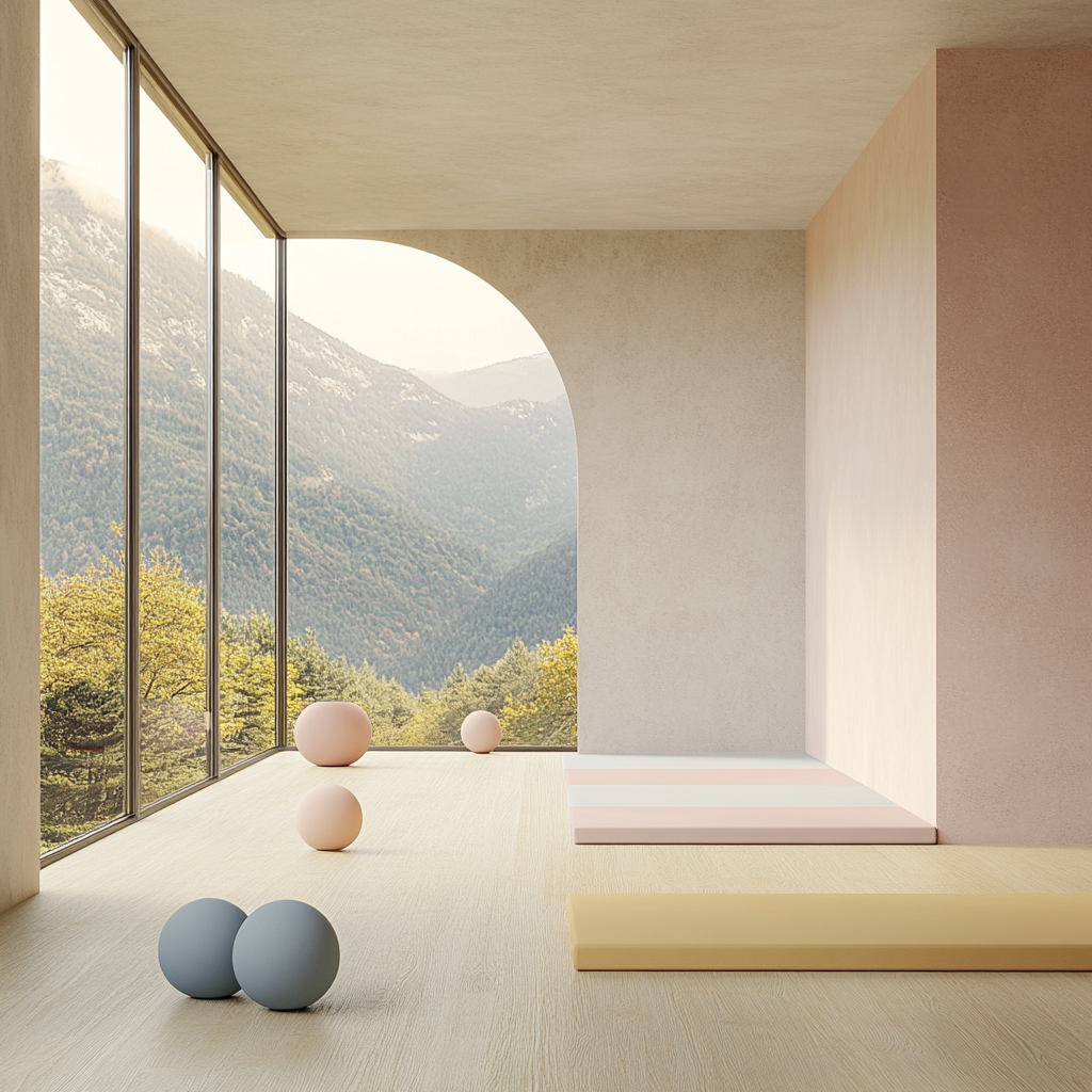 Tranquil yoga studio with mountain views and light-colored decor