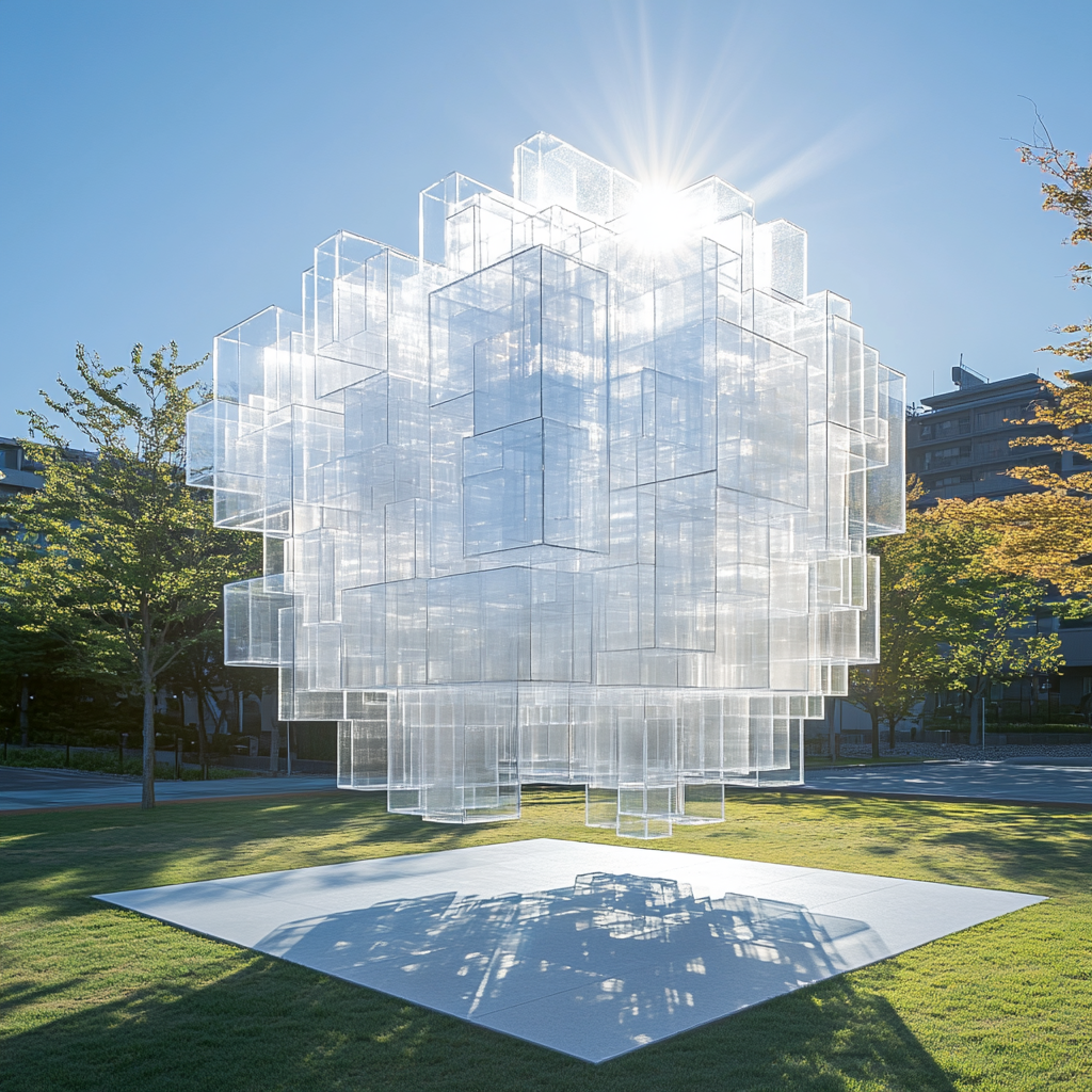 Transparent glass cube with prism reflections in sunlight