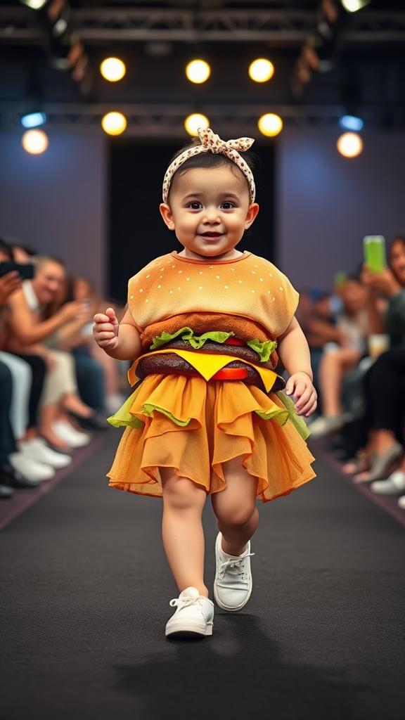 Trendy Baby Struts in Burger-Themed Outfit