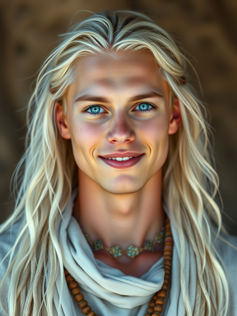 Tribal Male with Platinum Blonde Hair and Blue Eyes