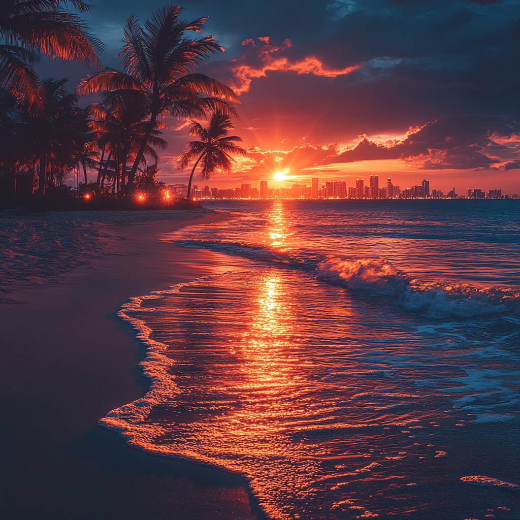 Tropical Beach Sunset with Palm Trees and City Lights