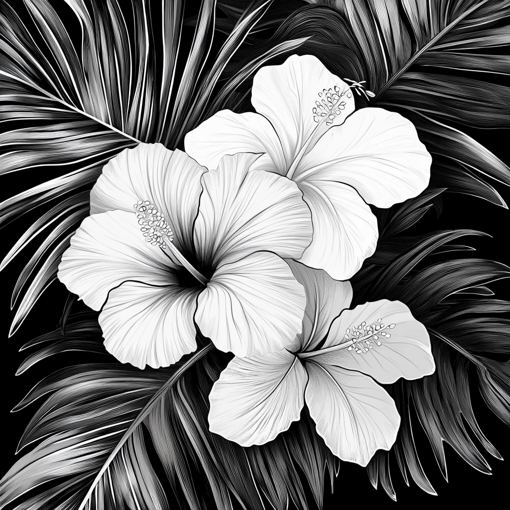 Tropical Black & White Flower and Leaf Scene