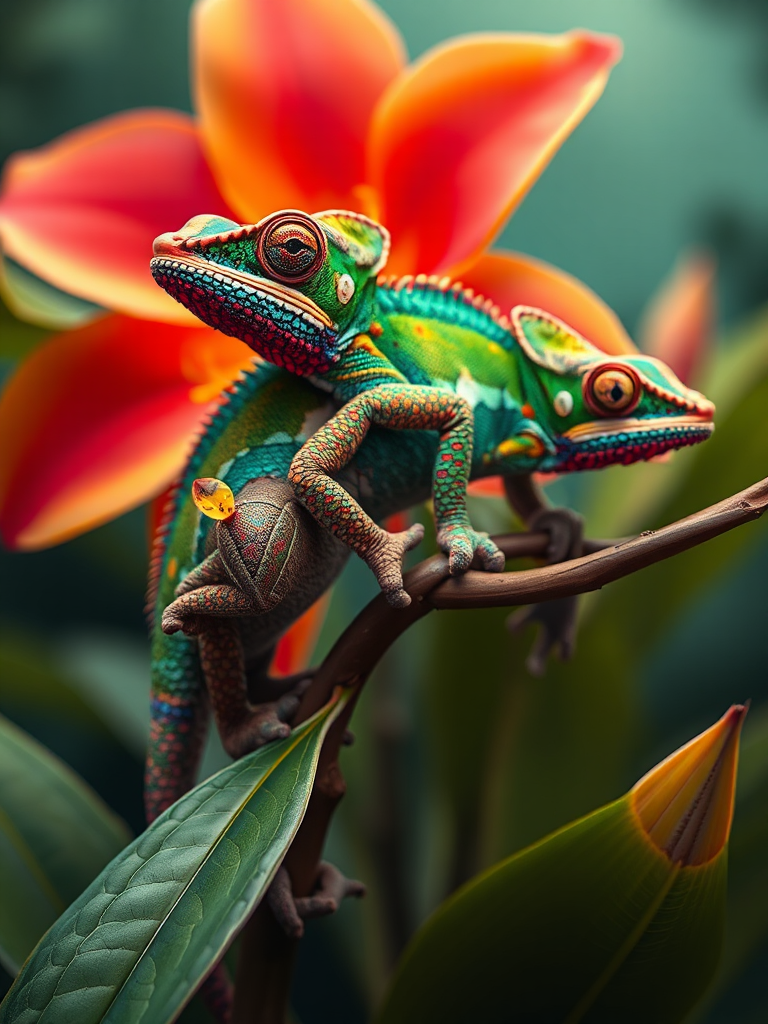 Tropical Chameleon Stands on Plant with Flower.