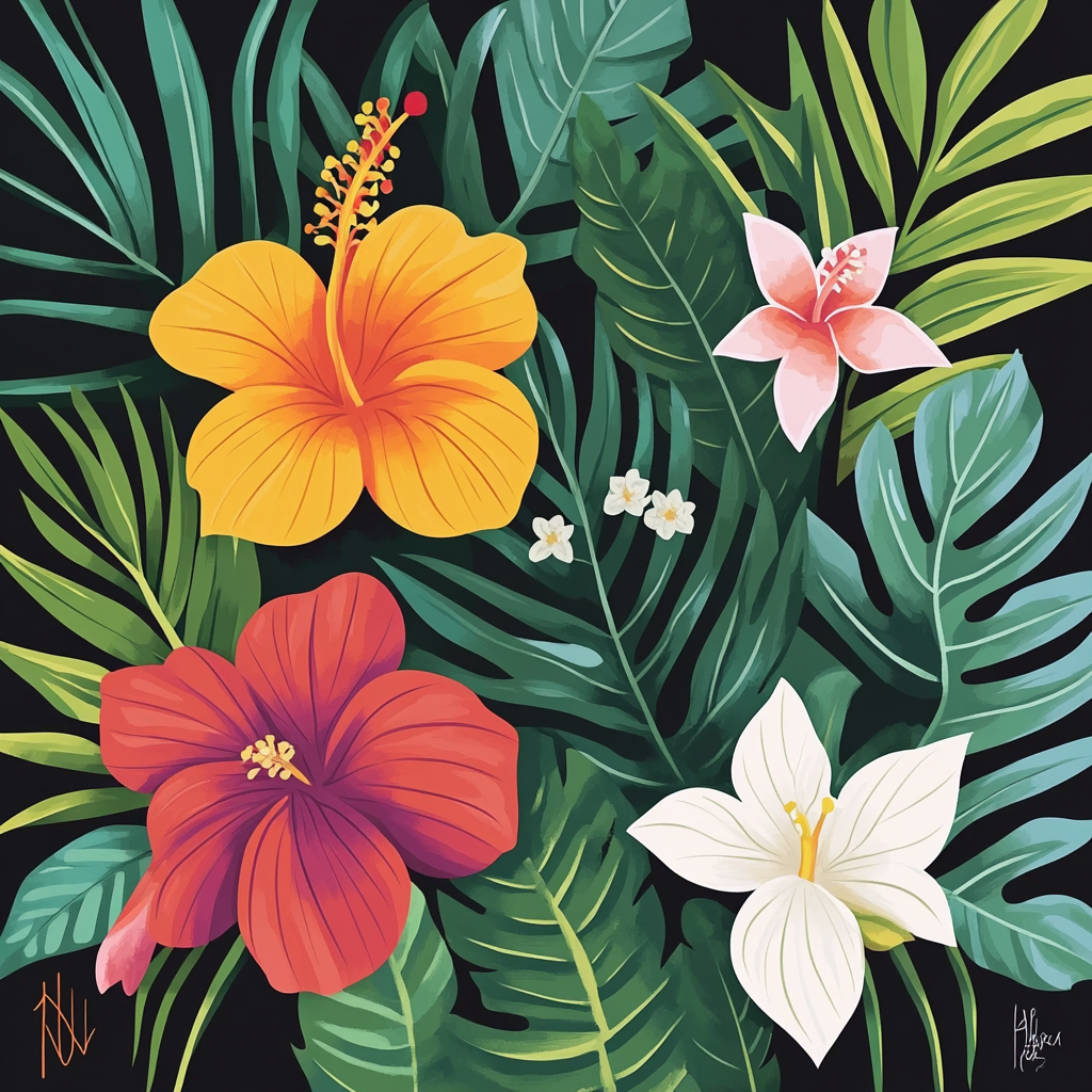 Tropical Island Flower Scene with Bold Blooms