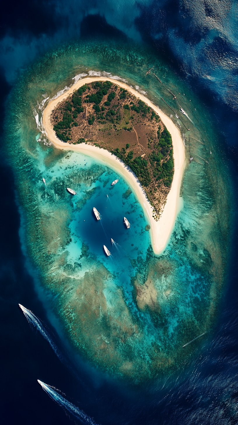 Tropical island shaped like teardrop with white sands