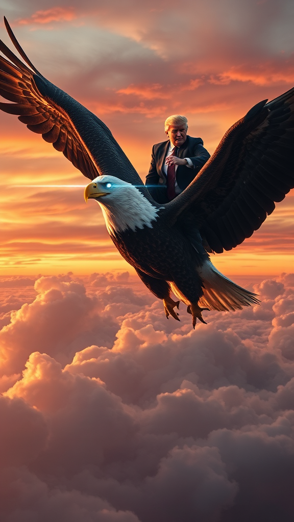 Trump on majestic eagle soaring in sunset sky.