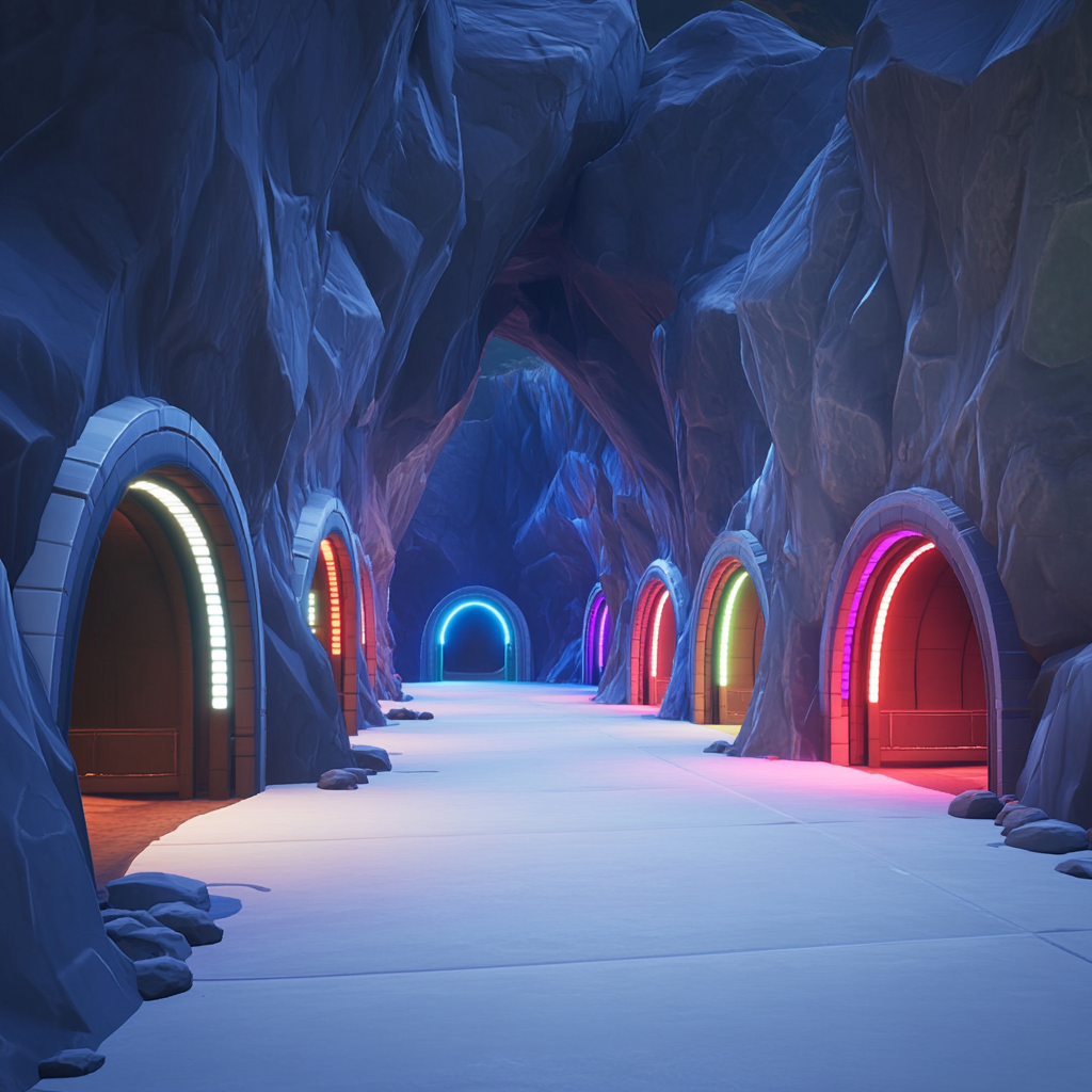 Tunnels with colorful entrances near mountain base, Fortnite style