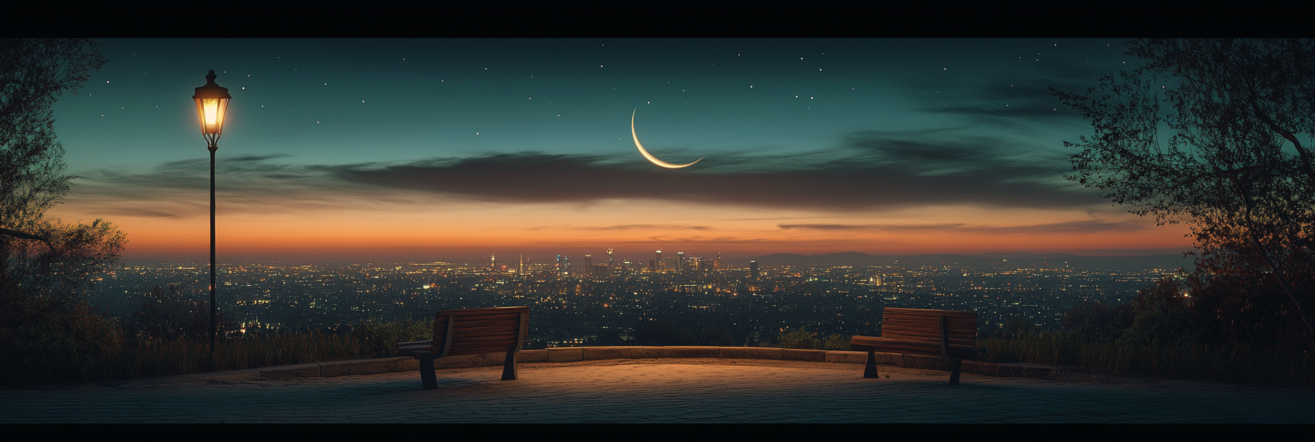 Twilight landscape inspired by movie Lalaland, with city lights.