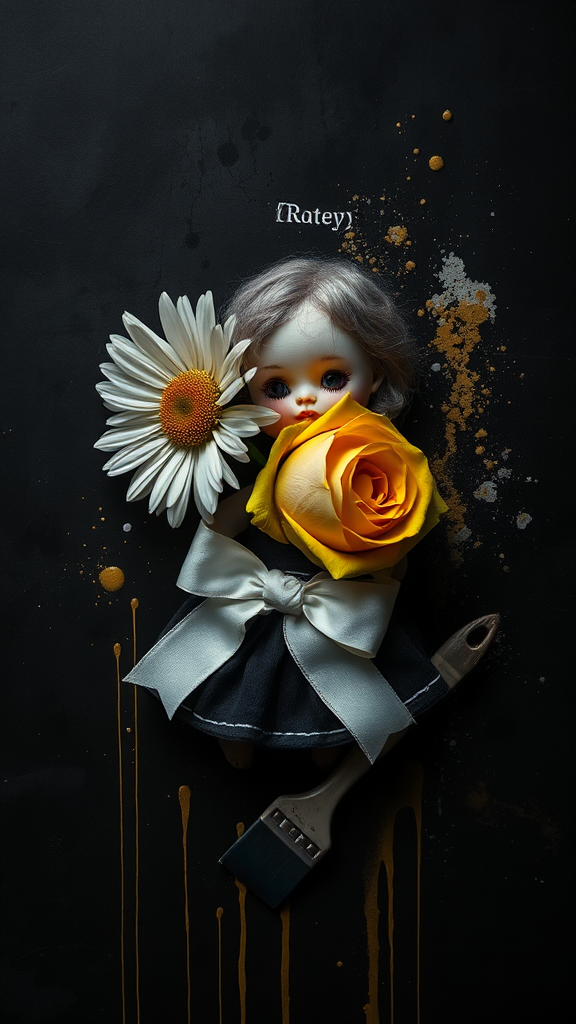 Twisted daisy and rose with broken doll, paint splatters.