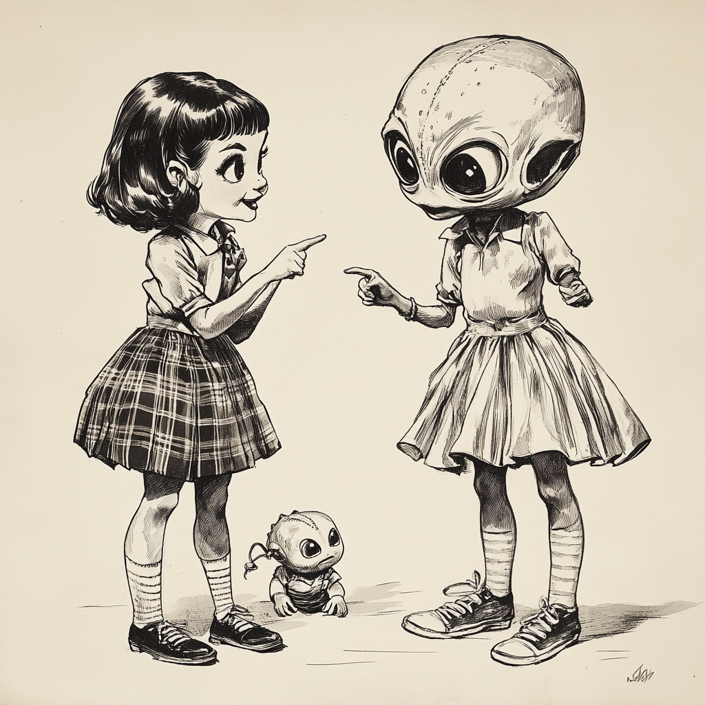 Two 1950s schoolgirls giggle at cute alien