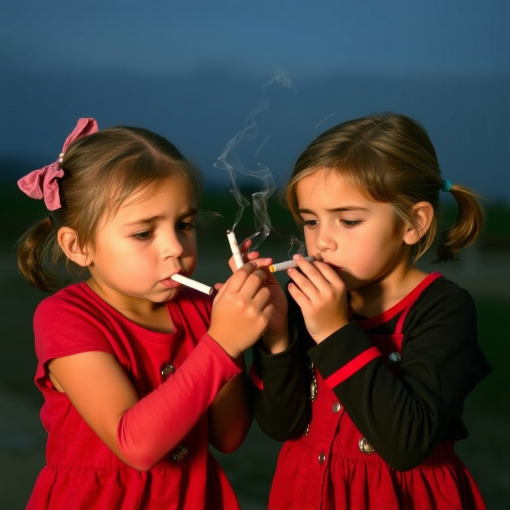 Two 4-Year-Old Girls Breaking Up Cigarettes