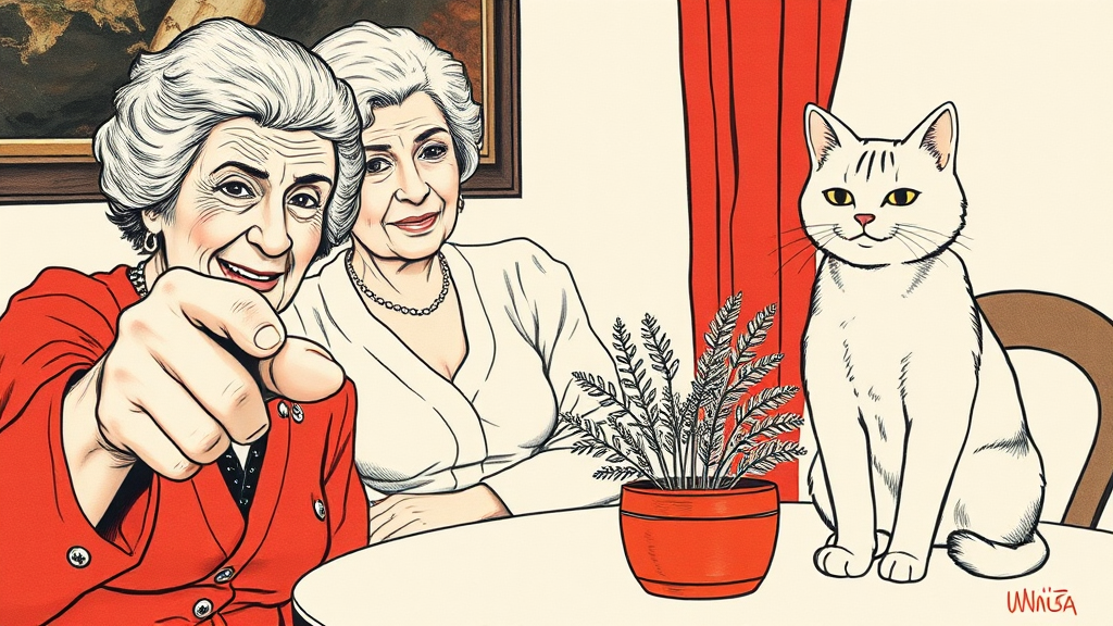 Two Angry Women with White Cat