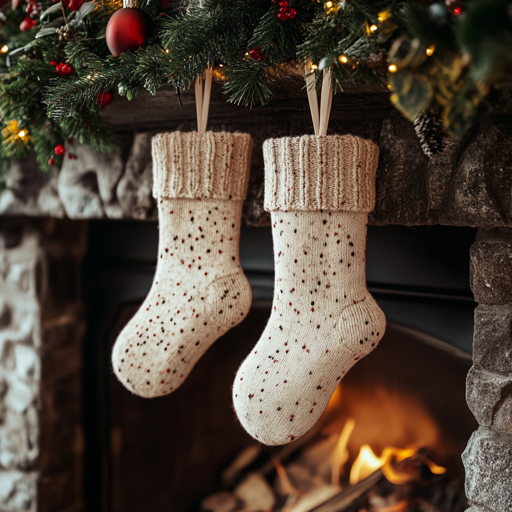 Two Beige Christmas Socks on Fireplace Mantel