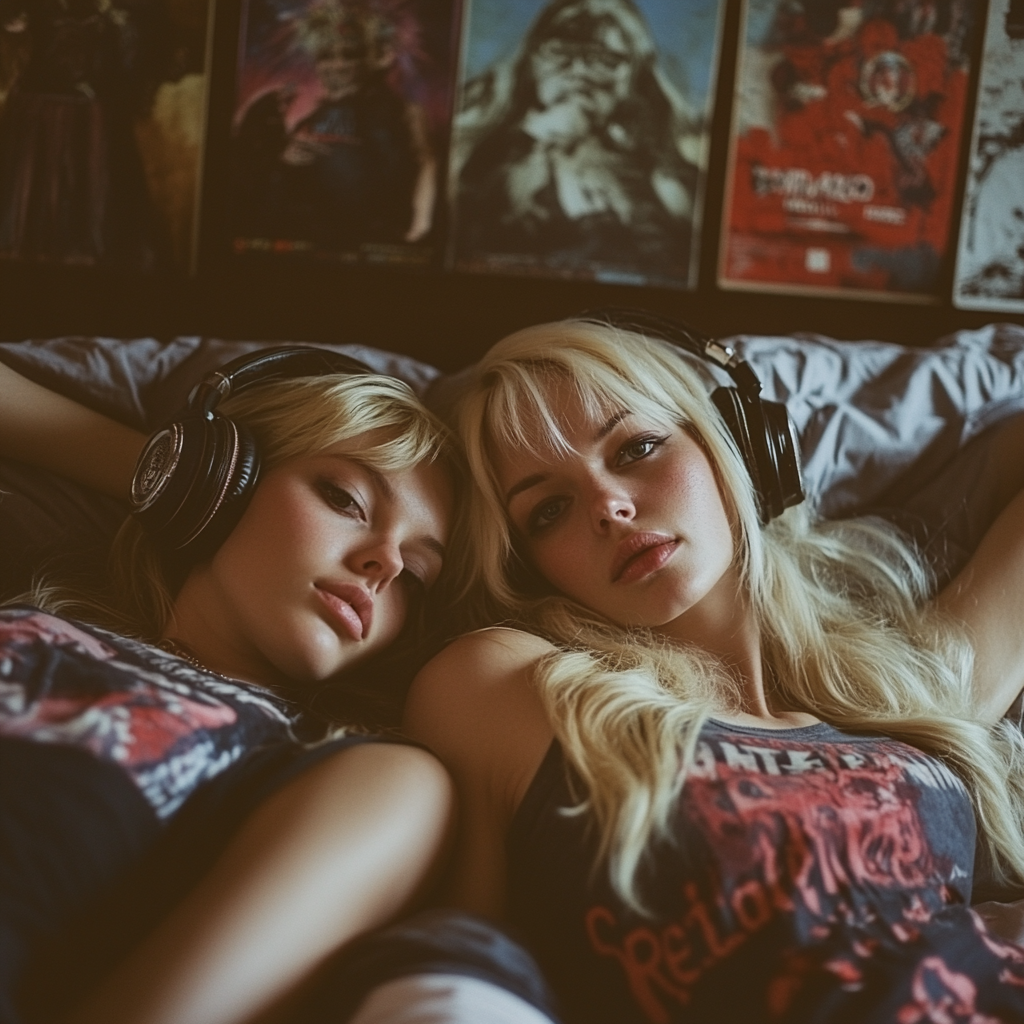 Two Blonde Women Enjoying Music in Bed