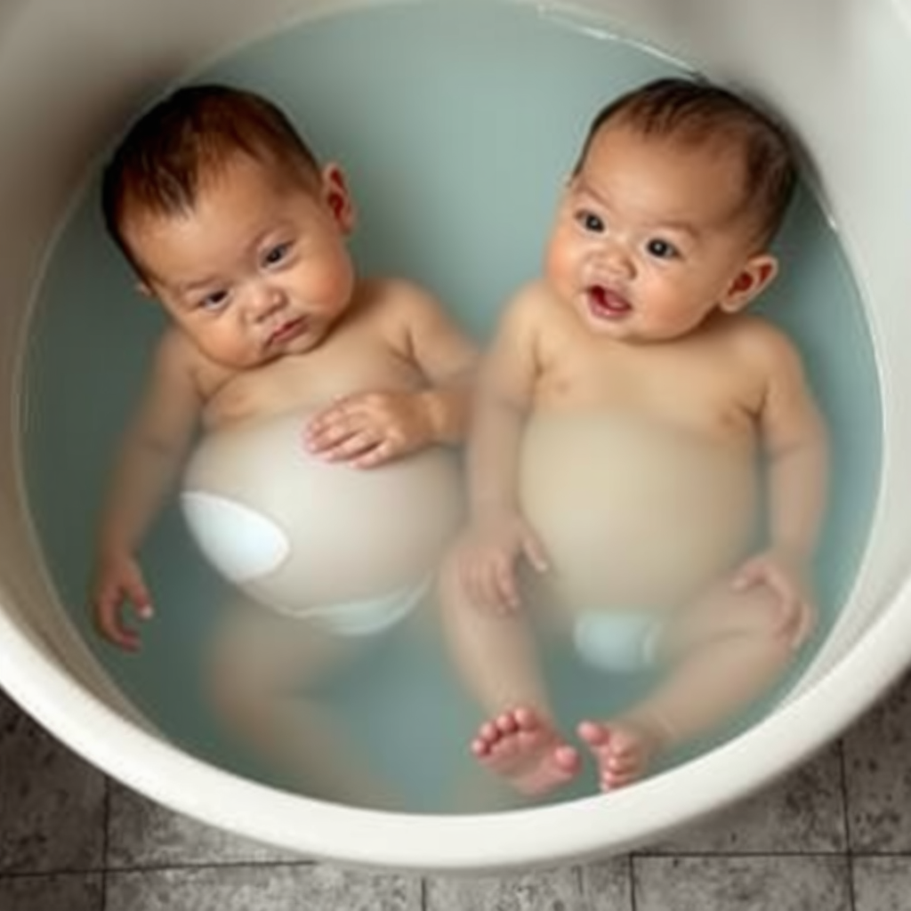 Two Brothers Enjoying a Bath, Bellies Expanding