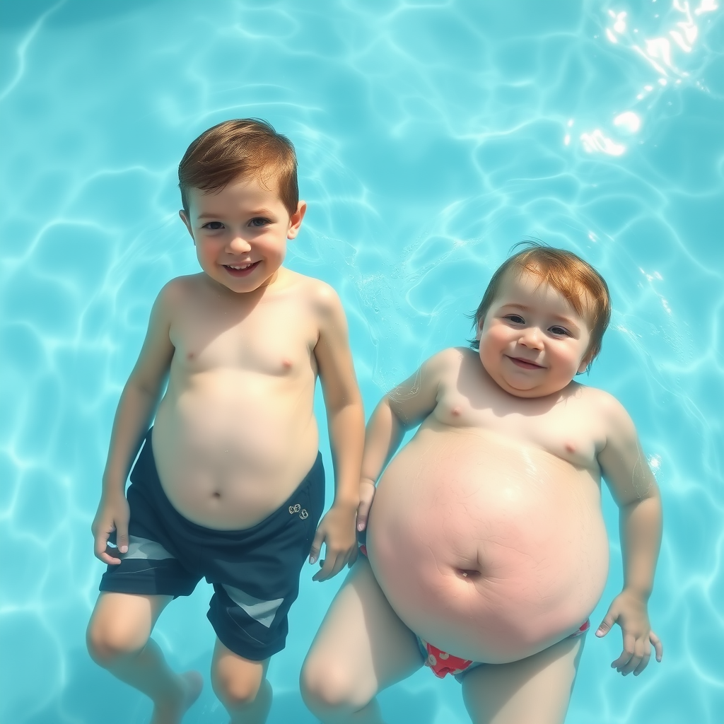 Two Brothers Playing in a Pool, Bellies Swelling