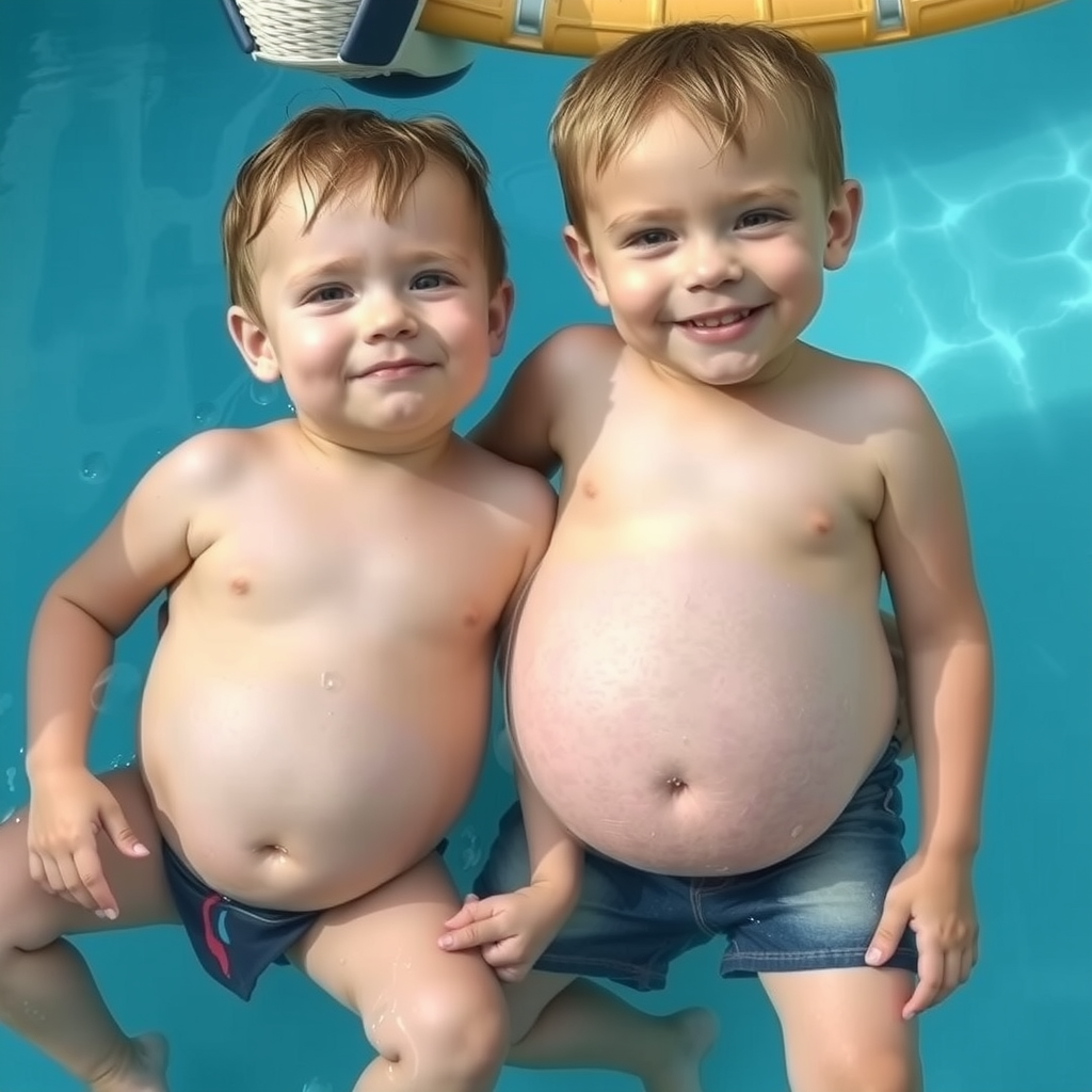 Two Brothers Playing in the Pool with Big Bellies
