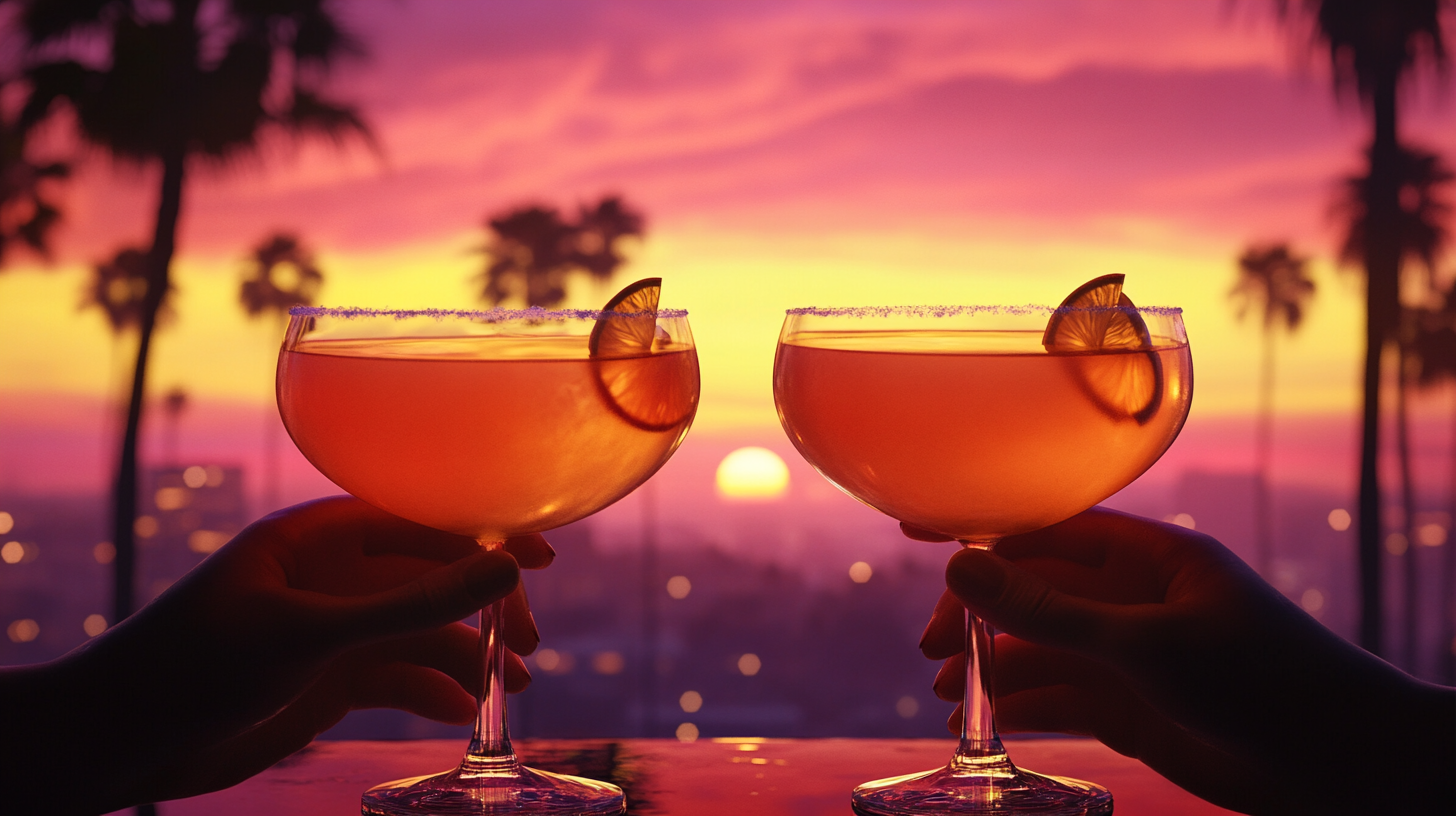 Two Cocktails Toasted at Elegant Sunset Bar