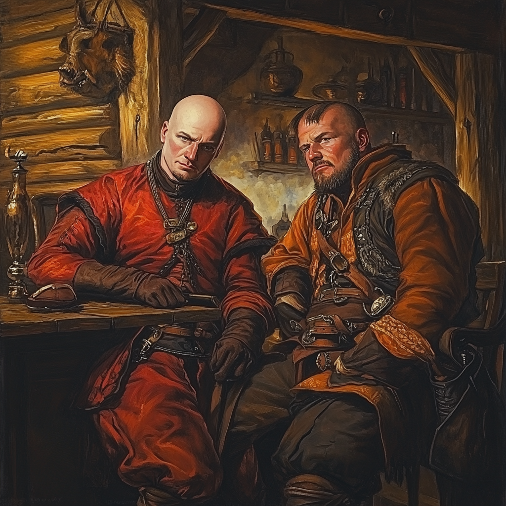 Two Cossacks in 17th Century tavern sit chatting.