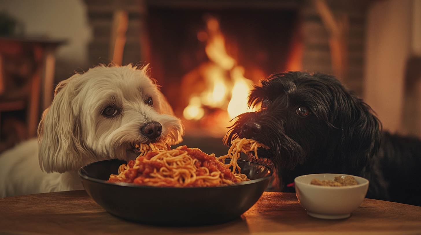 Two Dogs Eating Spaghetti in a Cozy Room