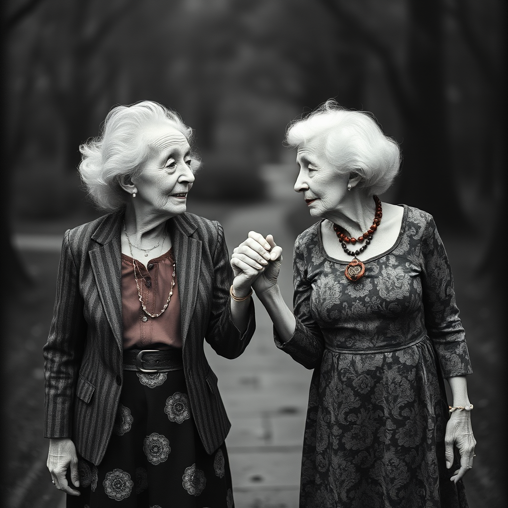 Two Elderly Women Holding Hands, Burton Style