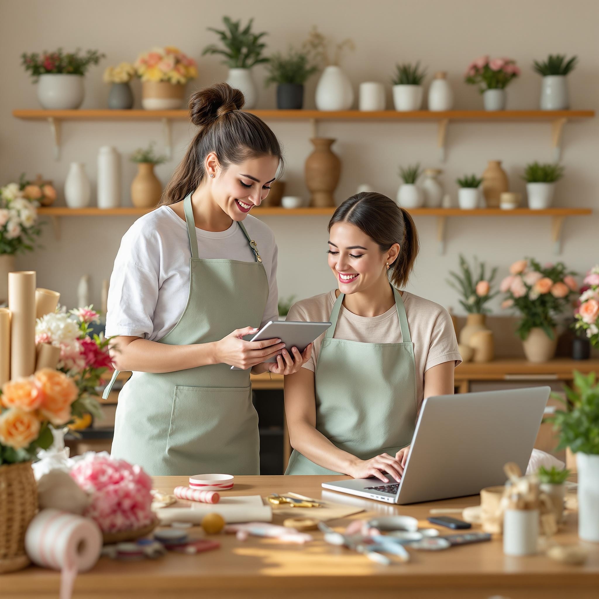 Two Florists Working Together in Cozy Shop