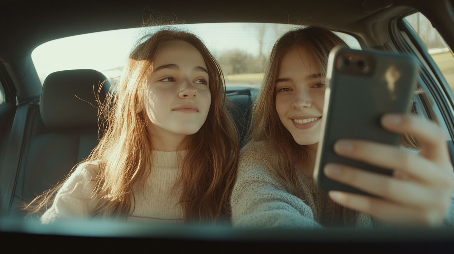 Two Girls Heading to College in Car Selfie