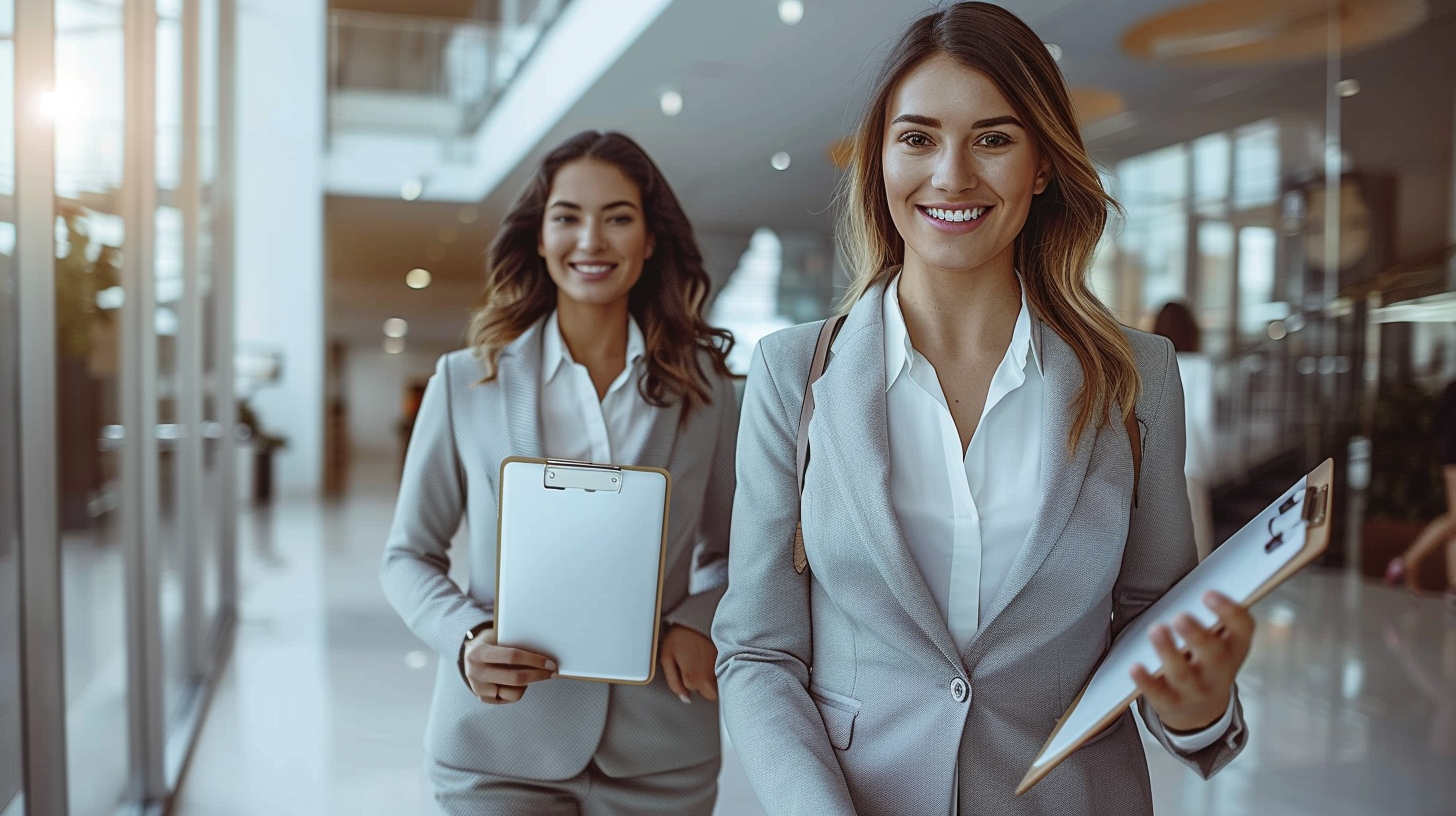 Two Happy Businesswomen Show iPad in Office Lobby