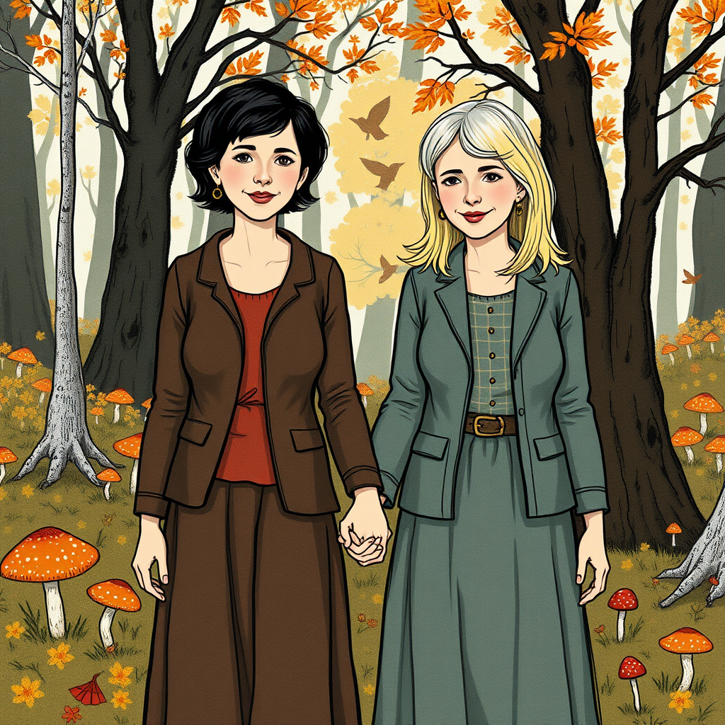 Two Ladies Holding Hands in Autumnal Setting