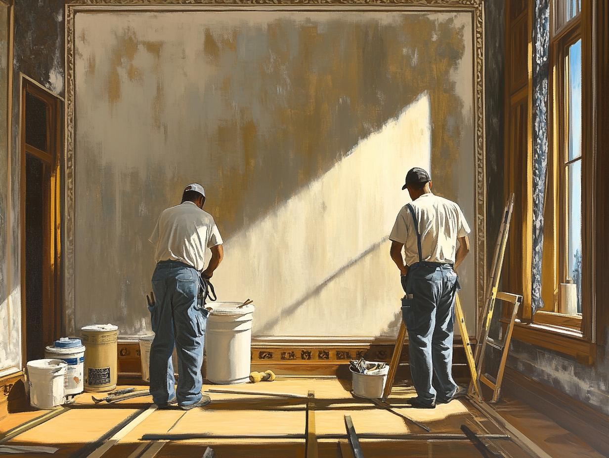 Two Latino painters add final touches in large room