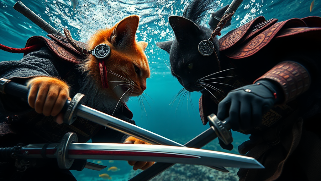 Two Samurai Cats Fighting Underwater: A Hyper-Realistic Scene