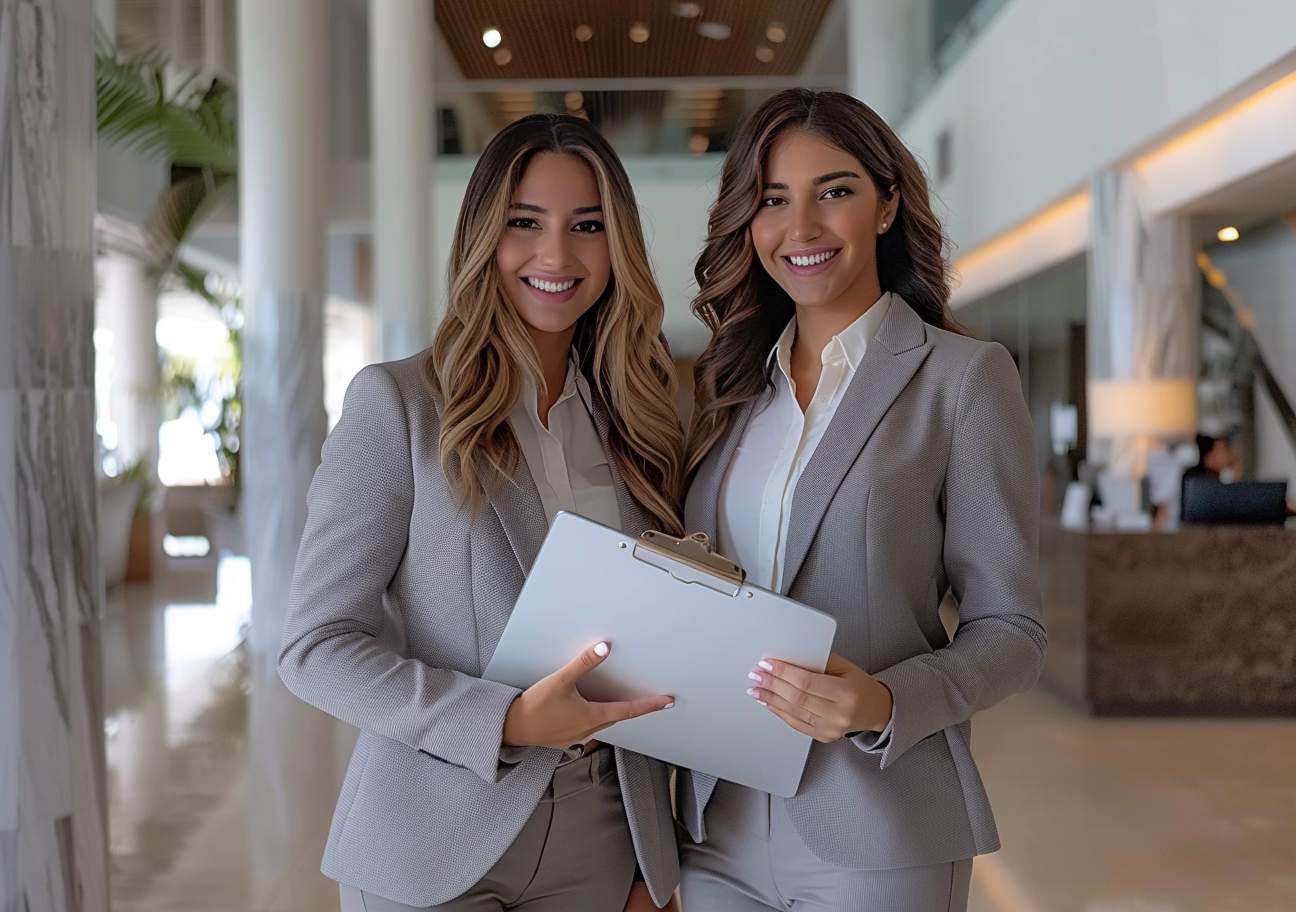 Two Smiling Business Women In Grey Suits Walking