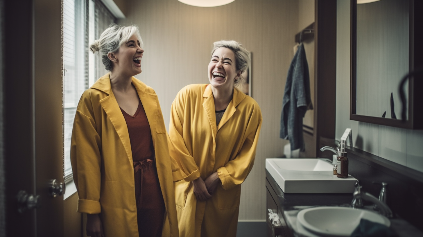 Two Smiling Women Surprised in Upscale Bathroom