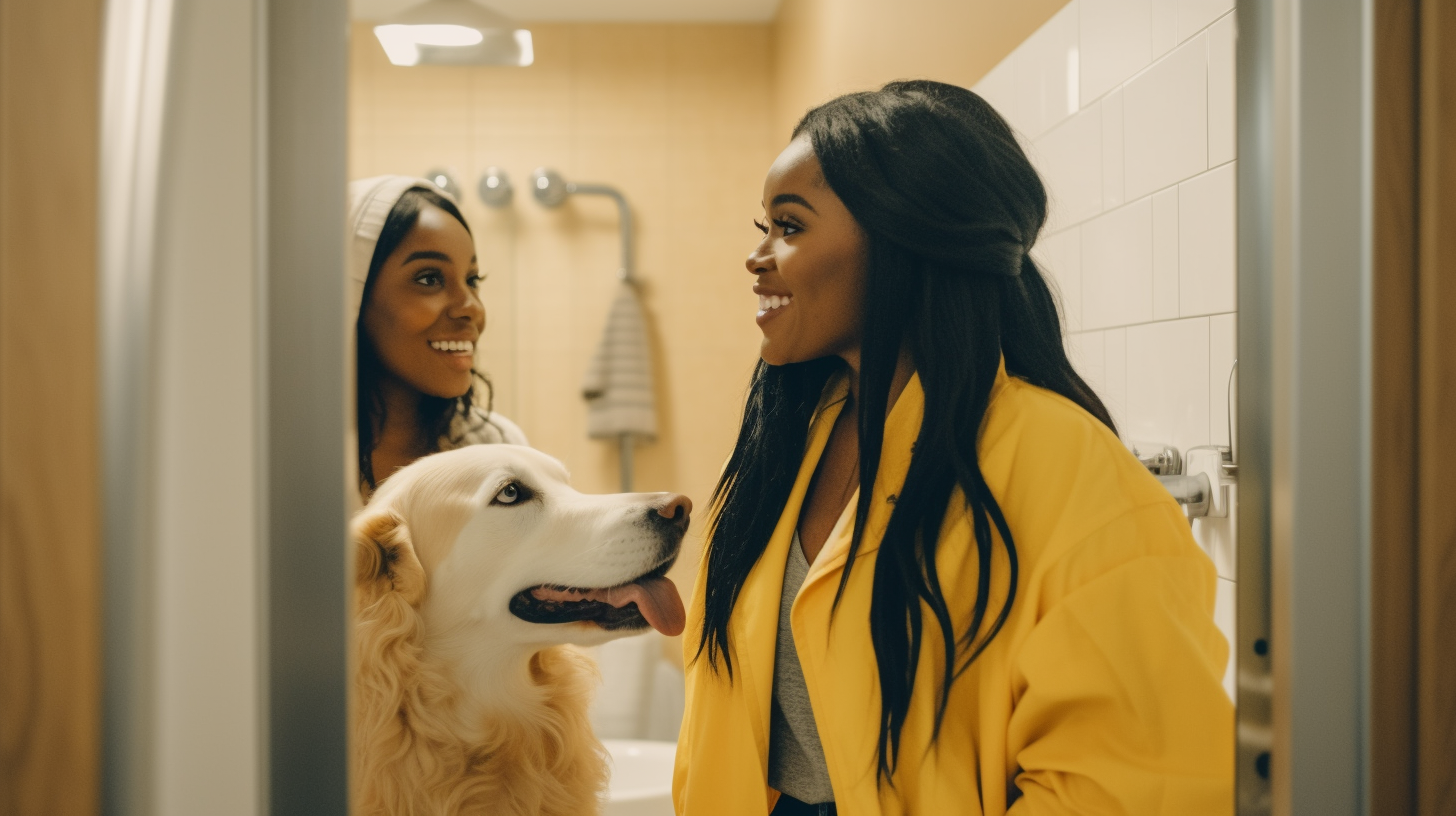 Two Smiling Women Surprised in a Fancy Bathroom