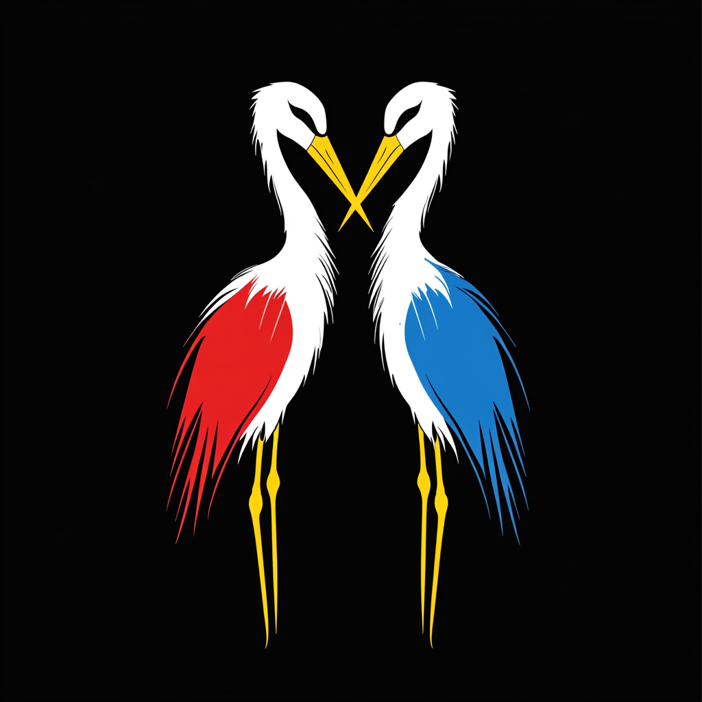 Two Storks in Symmetrical Logo with Bold Colors.