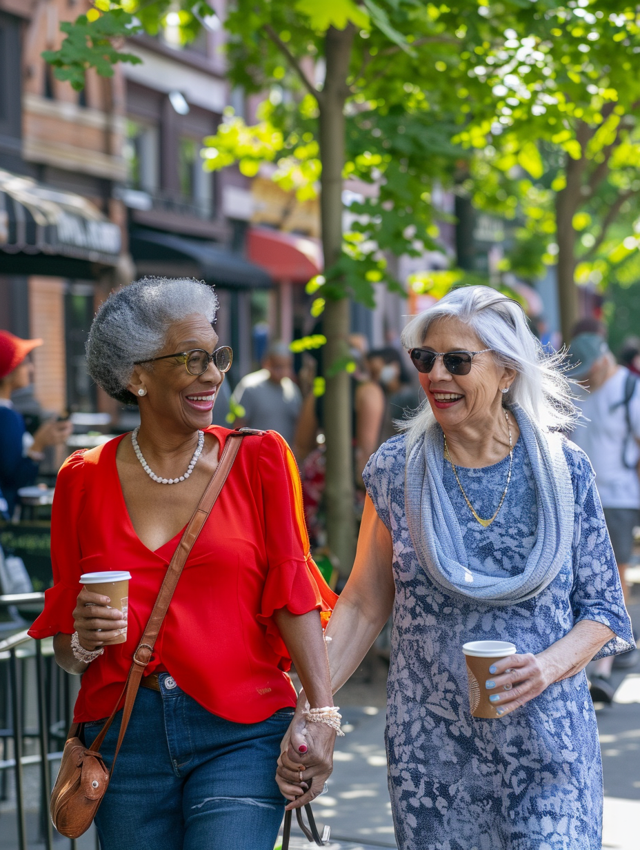 Two Stylish 70s Grandmothers Laughing Outside Cafe 