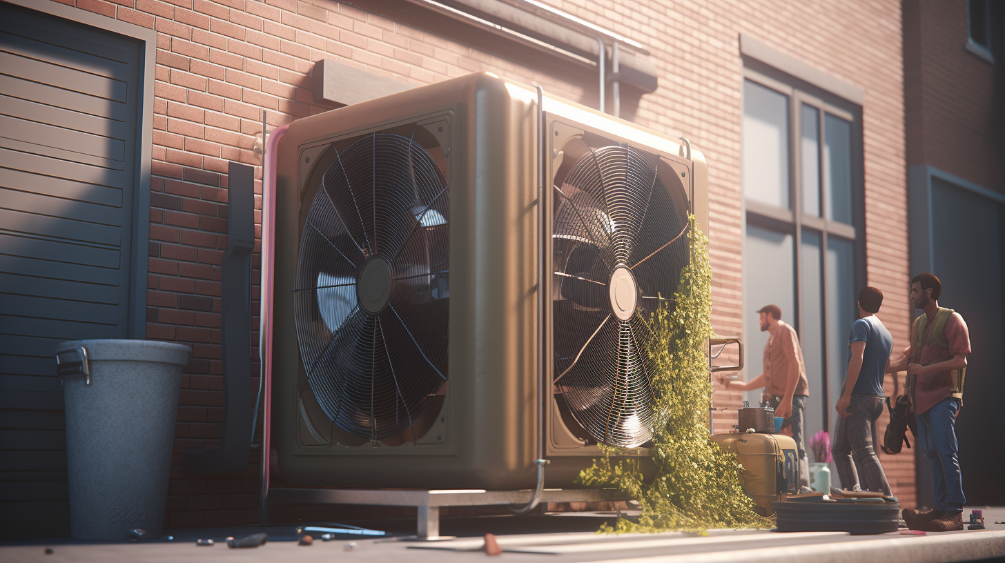 Two Technicians repairing an air conditioning unit.