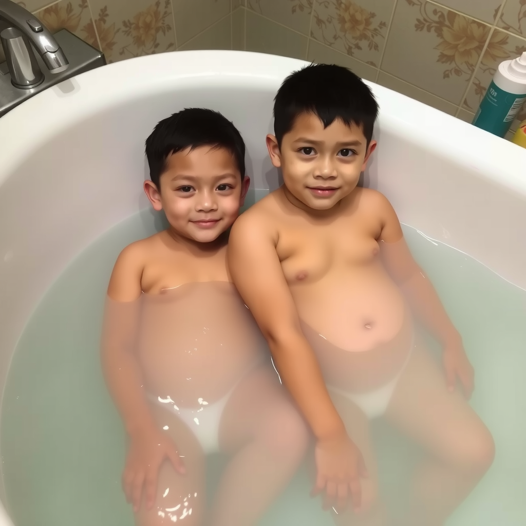 Two Thai Brothers Enlarging in Filled Bathtub