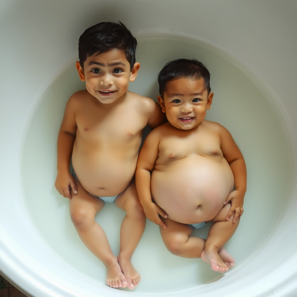 Two Thai Brothers Playfully Expanding Bellies in Bathtub