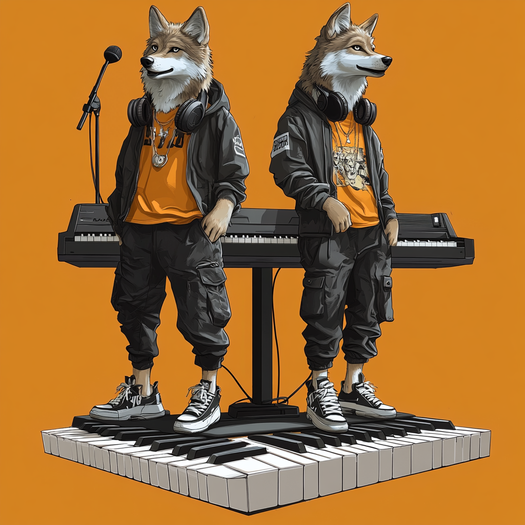 Two Wolves in Cool Outfits on Giant Piano Keys