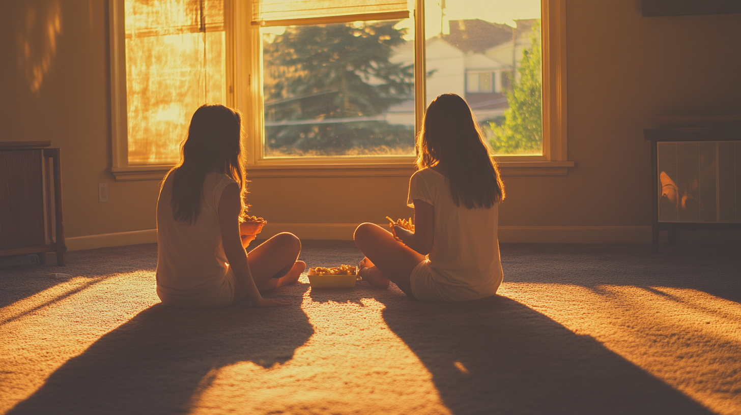 Two Women Enjoying Fries in an Empty Lounge